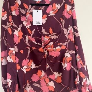 Dr2 Daniel Rainn Satin Floral Blouse Women Size M V Neck